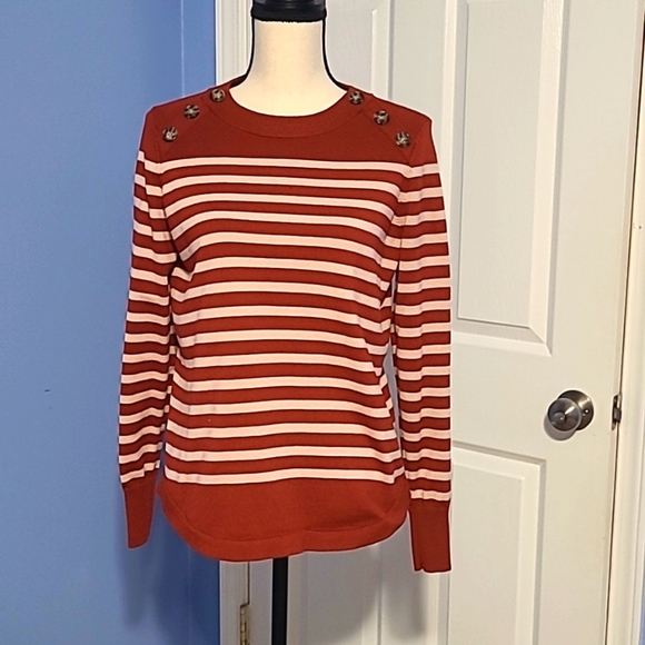 Liz Claiborne Tops - Liz Claiborne Red Striped Slim Fit Sweater with Button Appliques